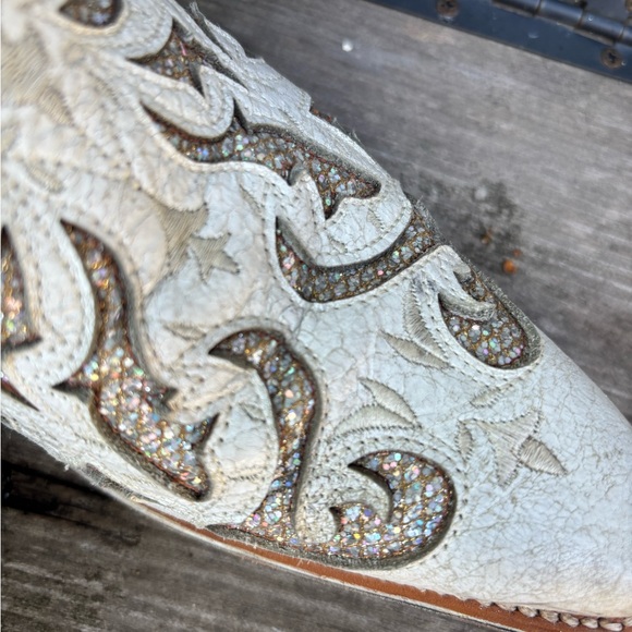 J.B. Dillon Reserve White & Glittery Inlay Cutout Leather Cowboy Booties, Sz 11 - Picture 8 of 8
